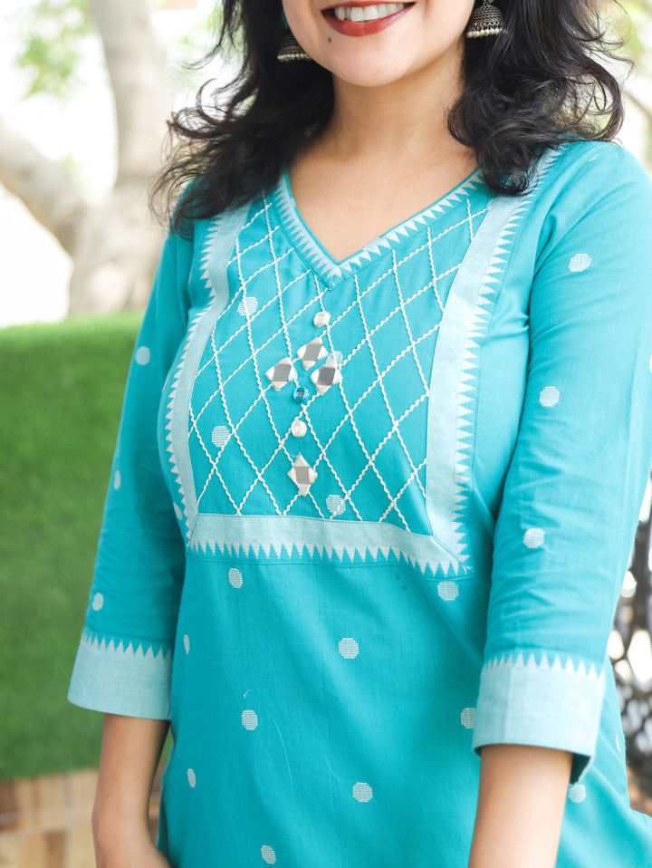 Arupriya Aqua Hand Woven South Cotton Kurti