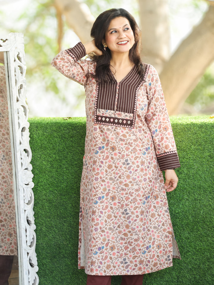 Aarushi Beige with Brown Kanni Print Running Stitch Yoke Semi Pashmina Winter Kurti