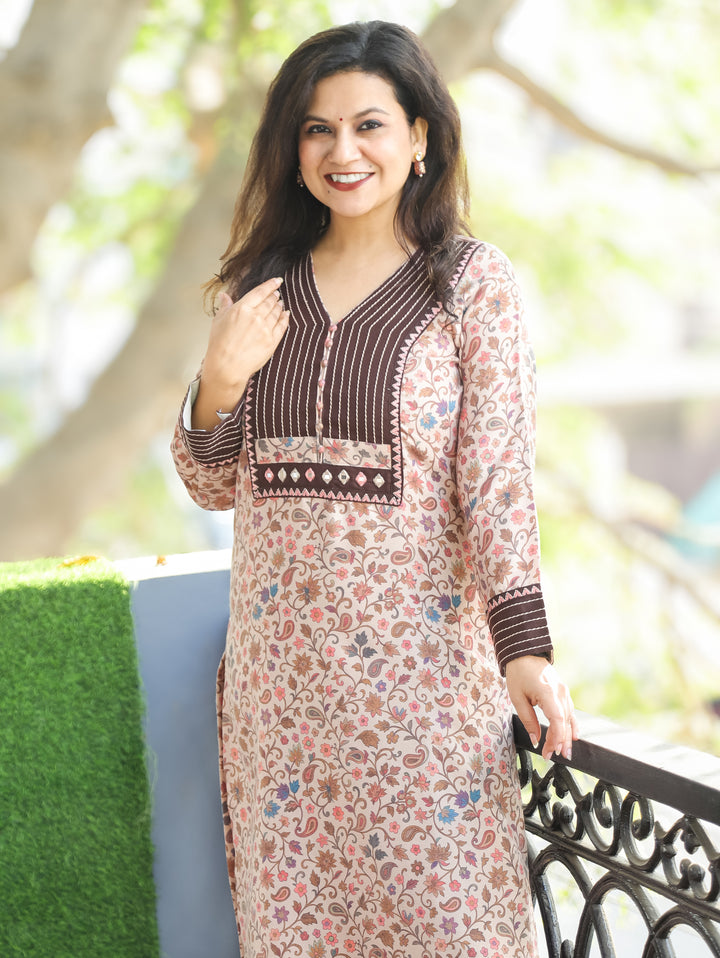 Aarushi Beige with Brown Kanni Print Running Stitch Yoke Semi Pashmina Winter Kurti