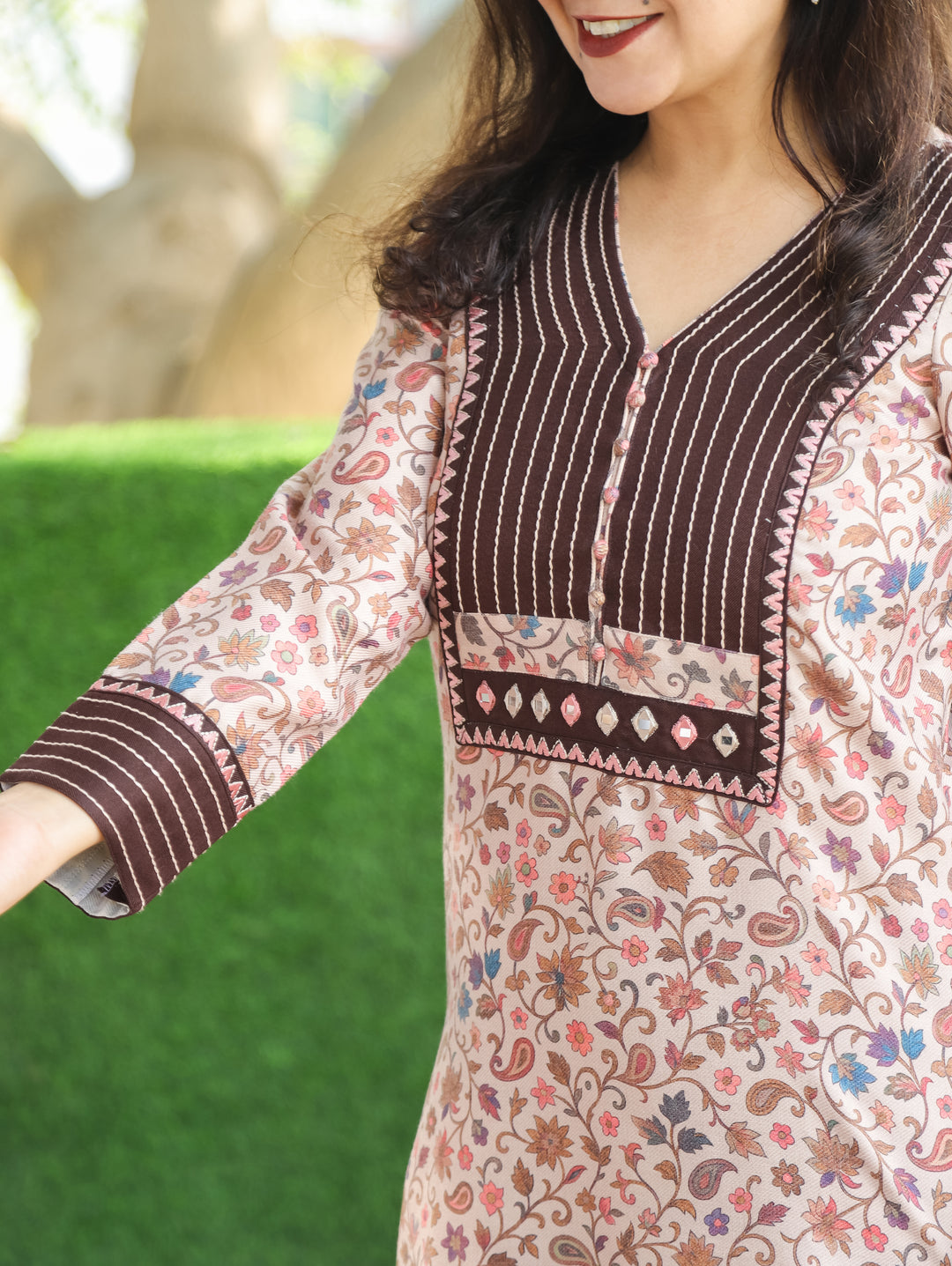 Aarushi Beige with Brown Kanni Print Running Stitch Yoke Semi Pashmina Winter Kurti