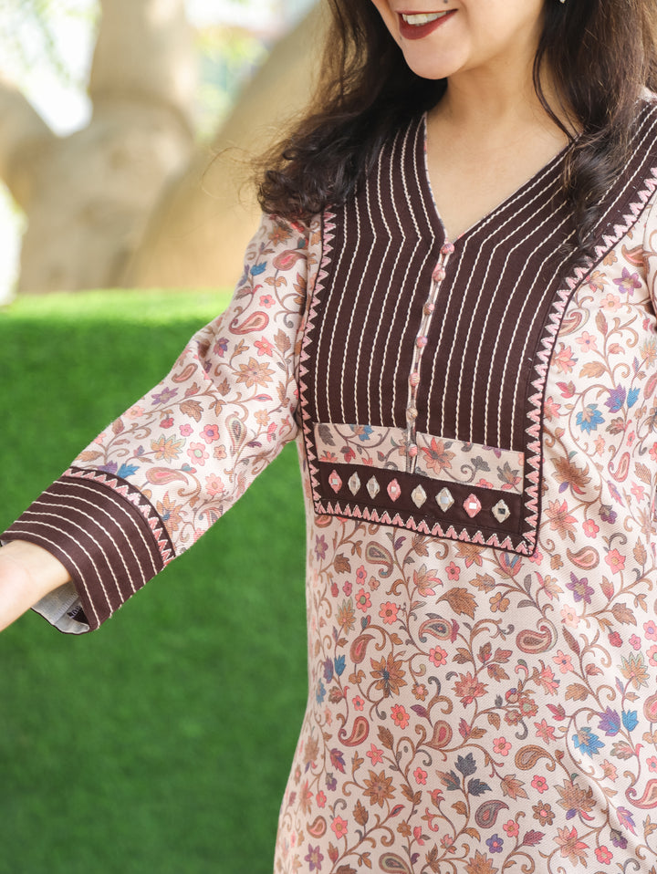 Aarushi Beige with Brown Kanni Print Running Stitch Yoke Semi Pashmina Winter Kurti