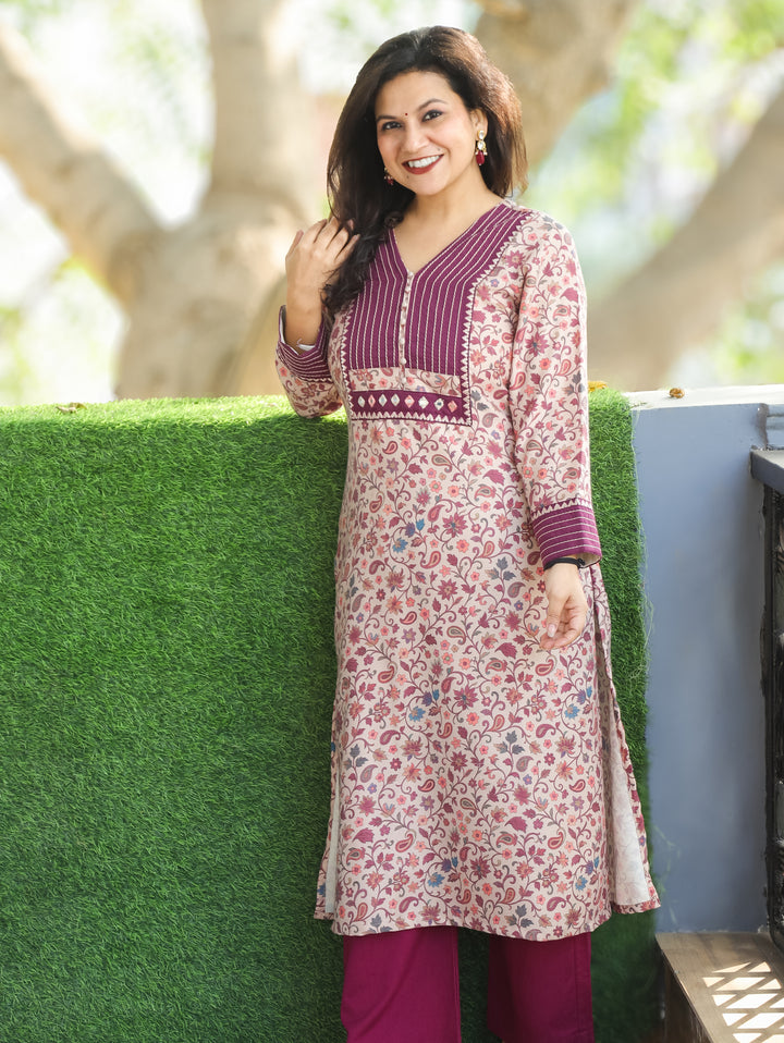 Aarushi Beige with Purple Kanni Print Running Stitch Yoke Semi Pashmina Winter Kurti