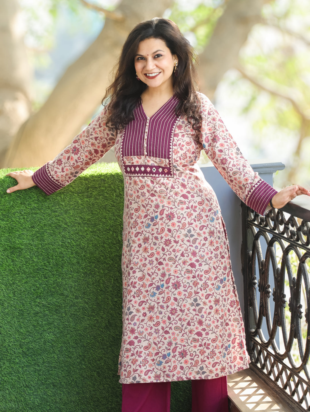 Aarushi Beige with Purple Kanni Print Running Stitch Yoke Semi Pashmina Winter Kurti