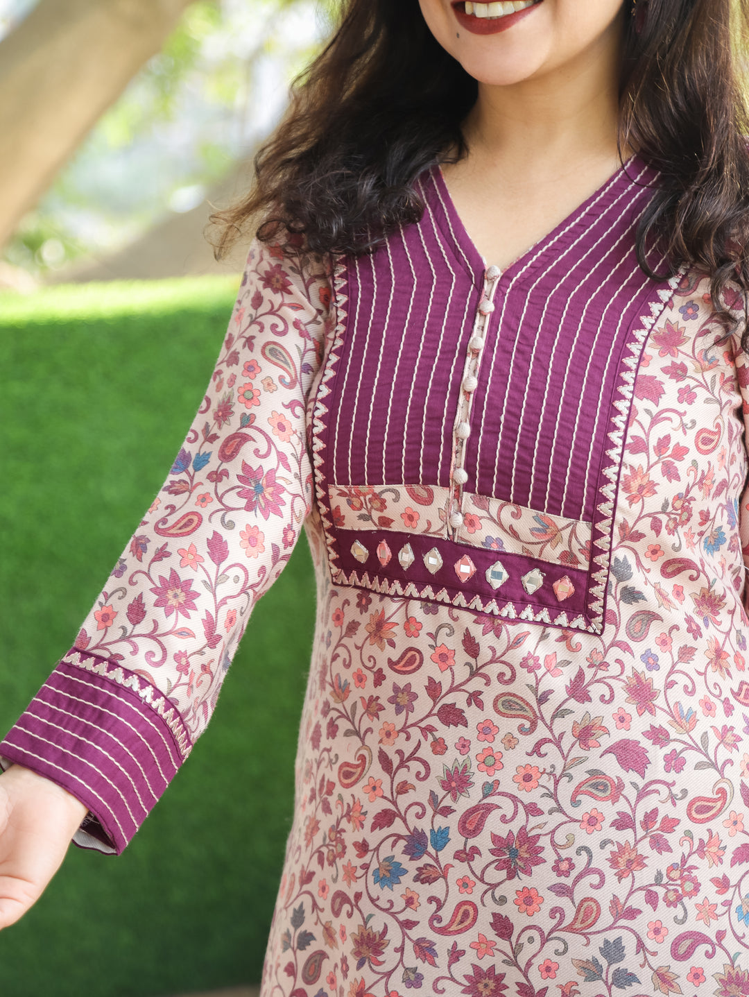 Aarushi Beige with Purple Kanni Print Running Stitch Yoke Semi Pashmina Winter Kurti