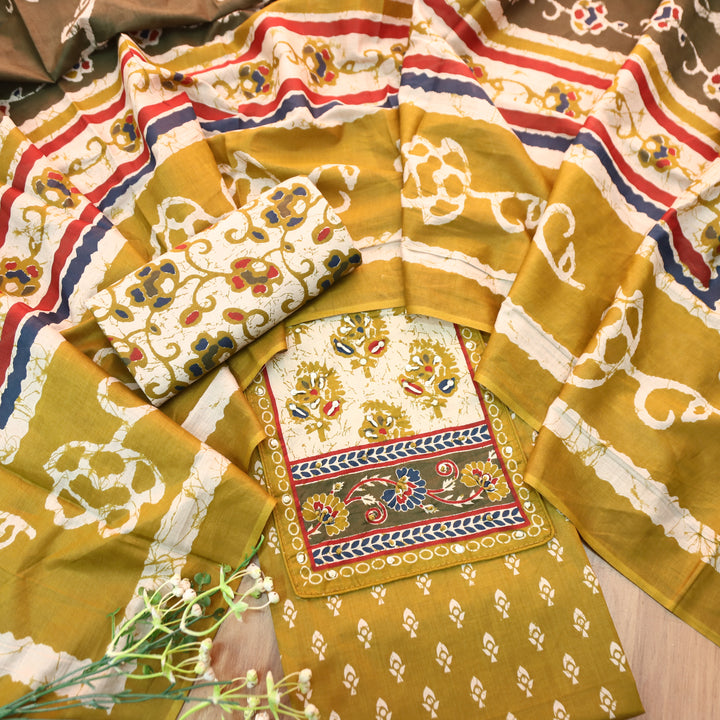 Noorani Dijon Yellow French Knot Neck Yoke Printed Cotton Set