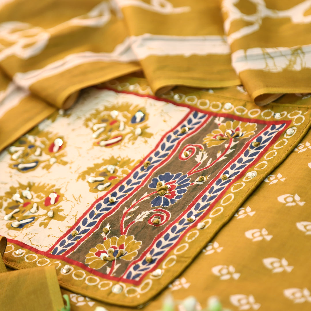 Noorani Dijon Yellow French Knot Neck Yoke Printed Cotton Set