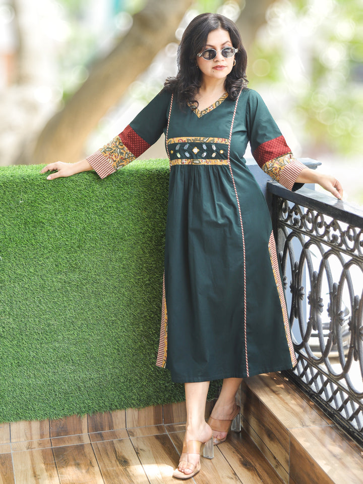 Jyotica Green Panel Style Cotton Dress