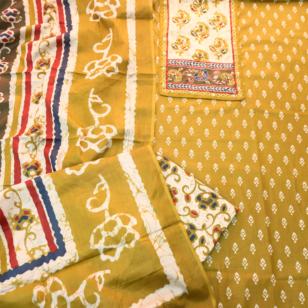 Noorani Dijon Yellow French Knot Neck Yoke Printed Cotton Set
