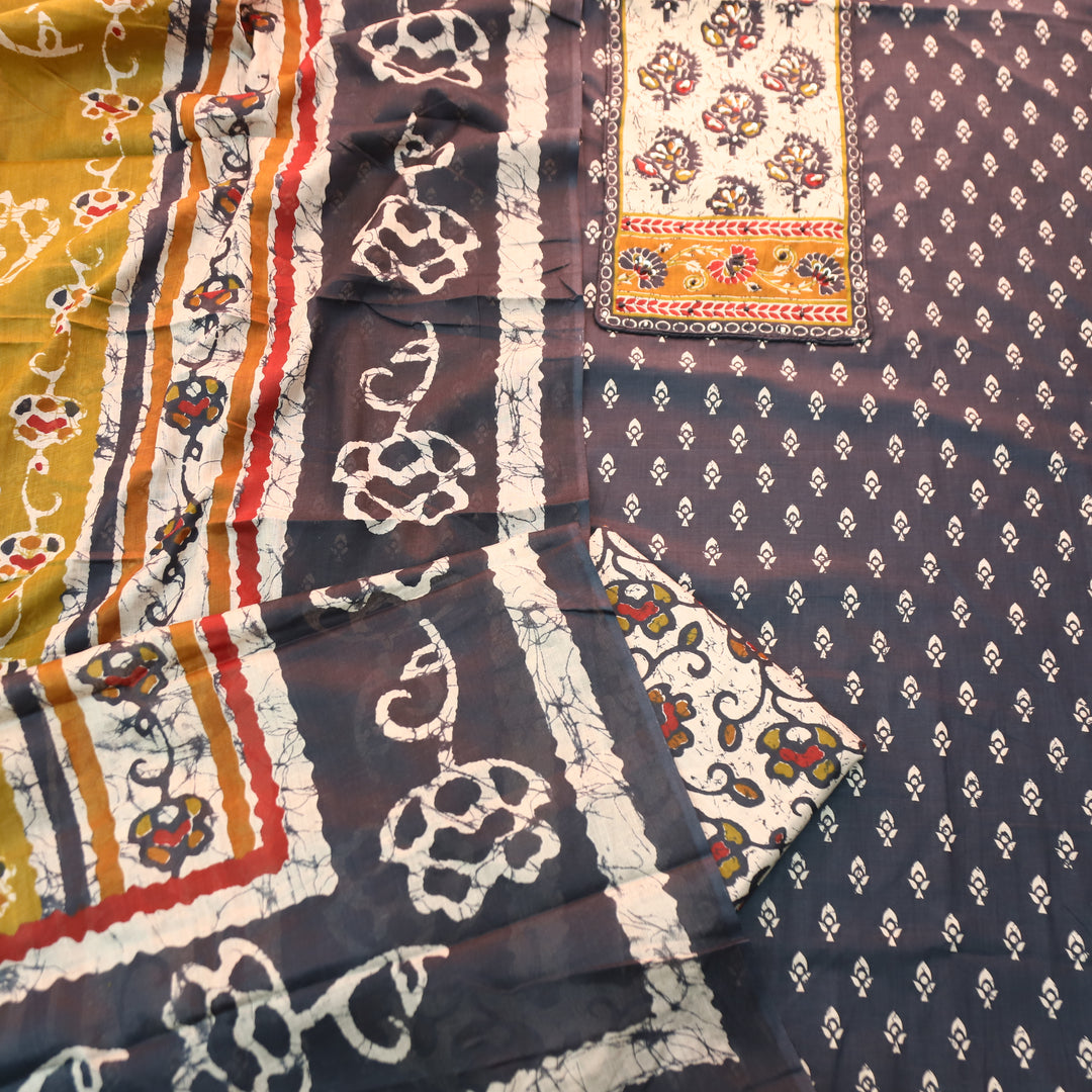 Noorani Navy Blue French Knot Neck Yoke Printed Cotton Set