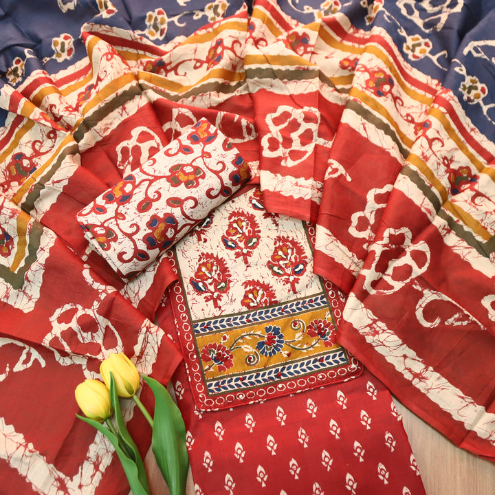 Noorani Tomato Red French Knot Neck Yoke Printed Cotton Set