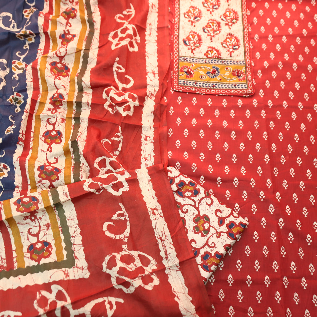 Noorani Tomato Red French Knot Neck Yoke Printed Cotton Set