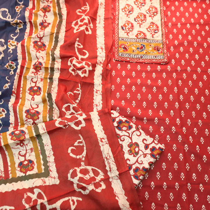 Noorani Tomato Red French Knot Neck Yoke Printed Cotton Set