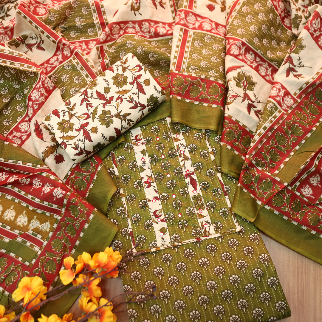 Kunjam Mehendi Green French Knot with Patra Yoke Ajrak Print Cotton Set