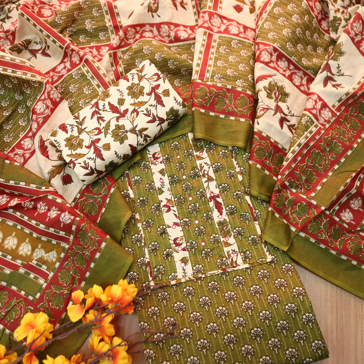 Kunjam Mehendi Green French Knot with Patra Yoke Ajrak Print Cotton Set
