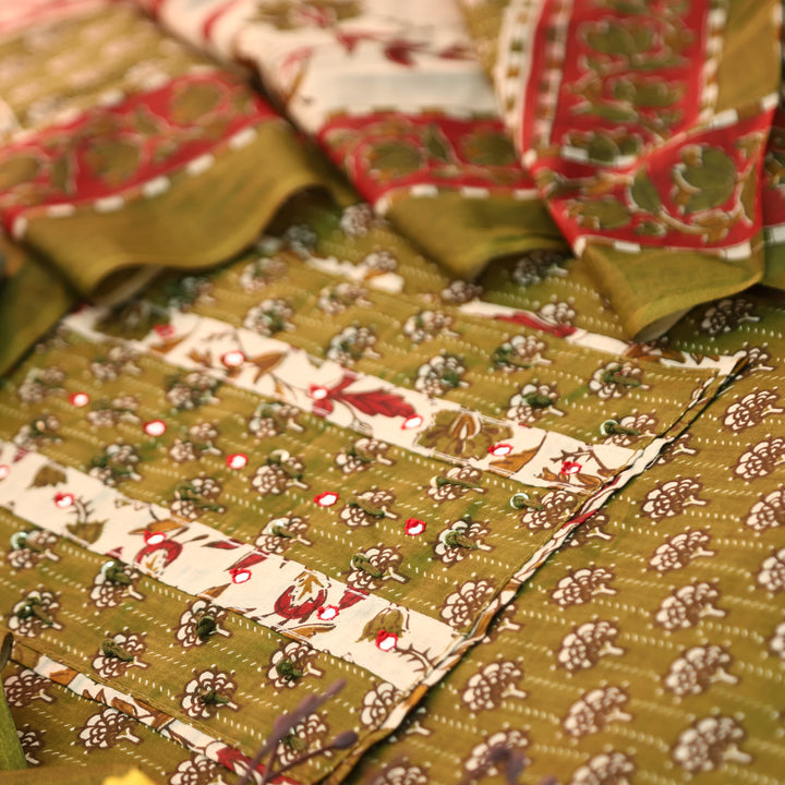Kunjam Mehendi Green French Knot with Patra Yoke Ajrak Print Cotton Set