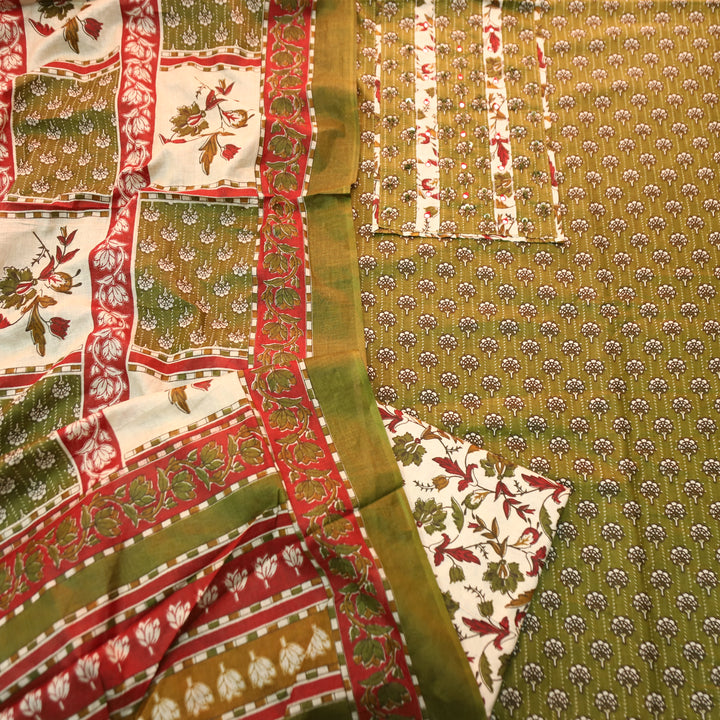Kunjam Mehendi Green French Knot with Patra Yoke Ajrak Print Cotton Set