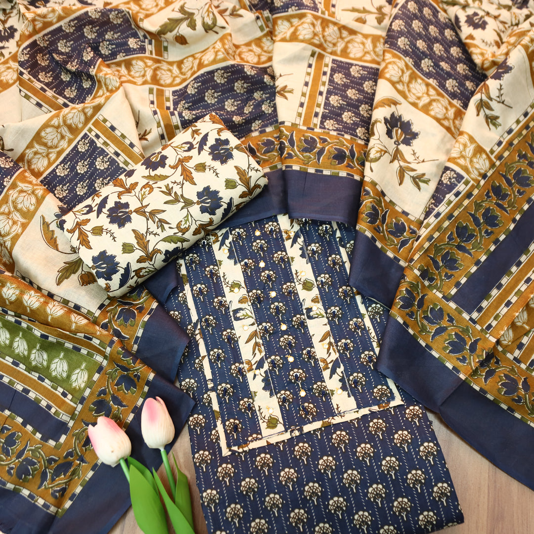 Kunjam Navy Blue French Knot with Patra Yoke Ajrak Print Cotton Set