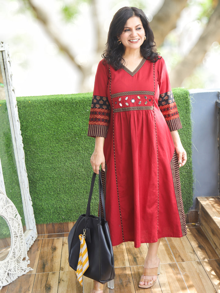 Jyotica Red Panel Style Cotton Dress