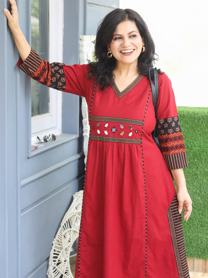 Jyotica Red Panel Style Cotton Dress