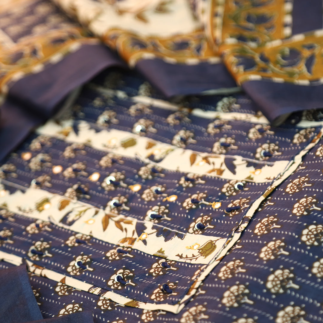 Kunjam Navy Blue French Knot with Patra Yoke Ajrak Print Cotton Set