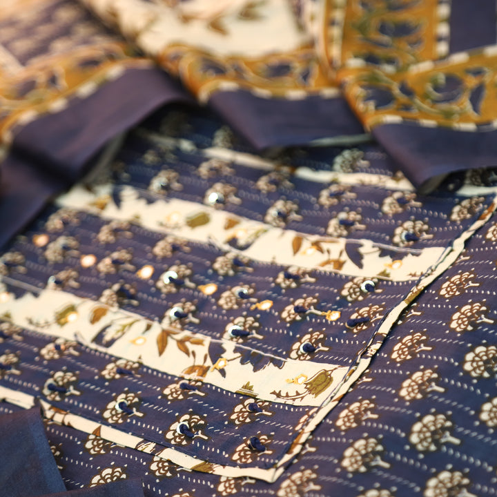 Kunjam Navy Blue French Knot with Patra Yoke Ajrak Print Cotton Set