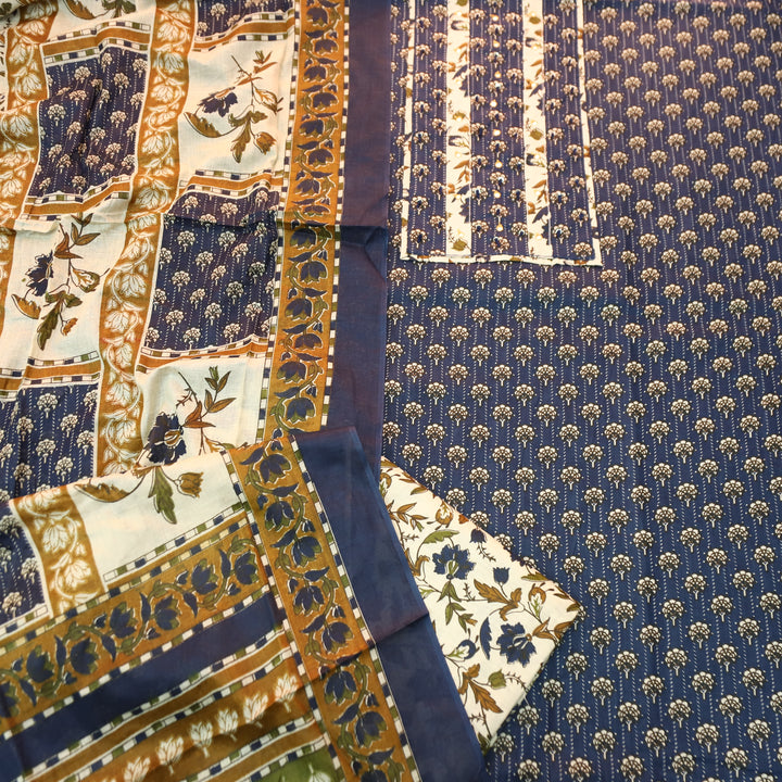 Kunjam Navy Blue French Knot with Patra Yoke Ajrak Print Cotton Set