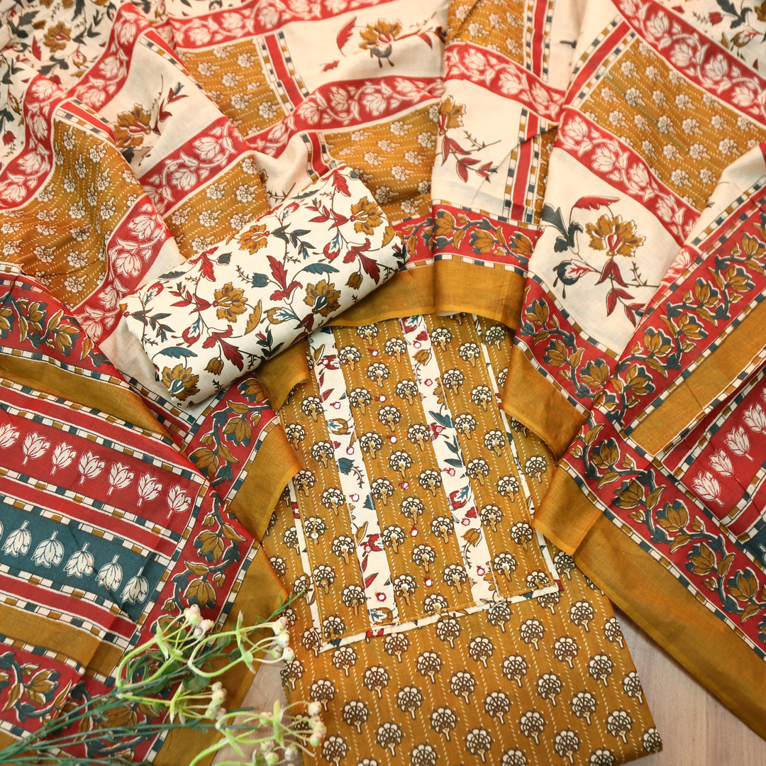 Kunjam Dandelion Yellow French Knot with Patra Yoke Ajrak Print Cotton Set