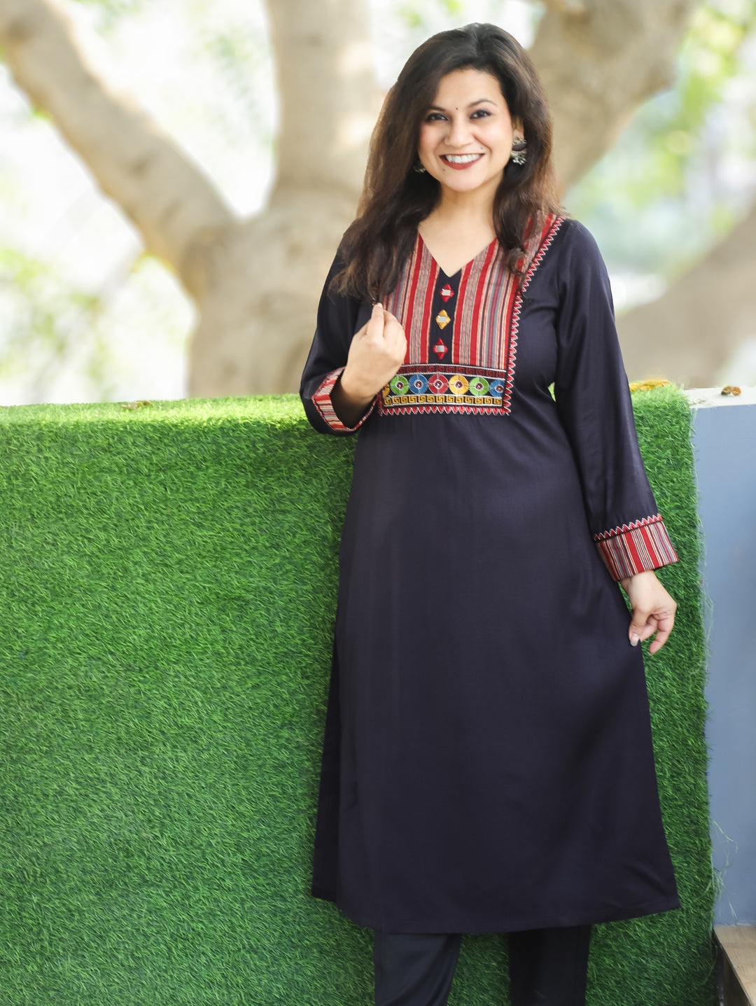 Vaishali Shadow Black Stripe Print with Embroidery and Mirror Yoke Winter Twill Kurti