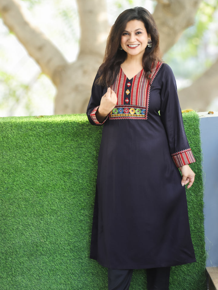 Vaishali Shadow Black Stripe Print with Embroidery and Mirror Yoke Winter Twill Kurti
