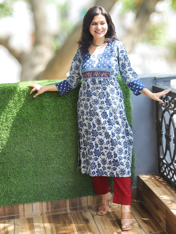 Mahi Iced Blue Embroidered Dabu Cotton Kurti