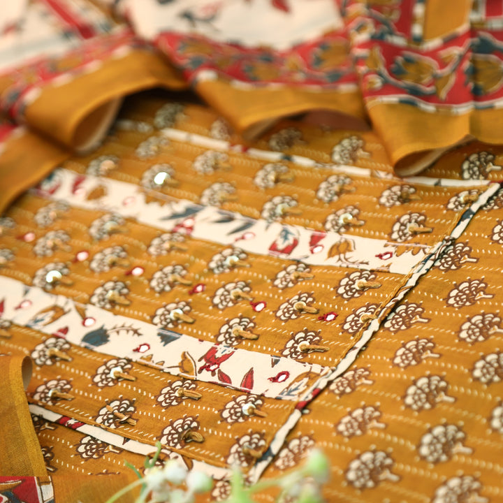 Kunjam Dandelion Yellow French Knot with Patra Yoke Ajrak Print Cotton Set