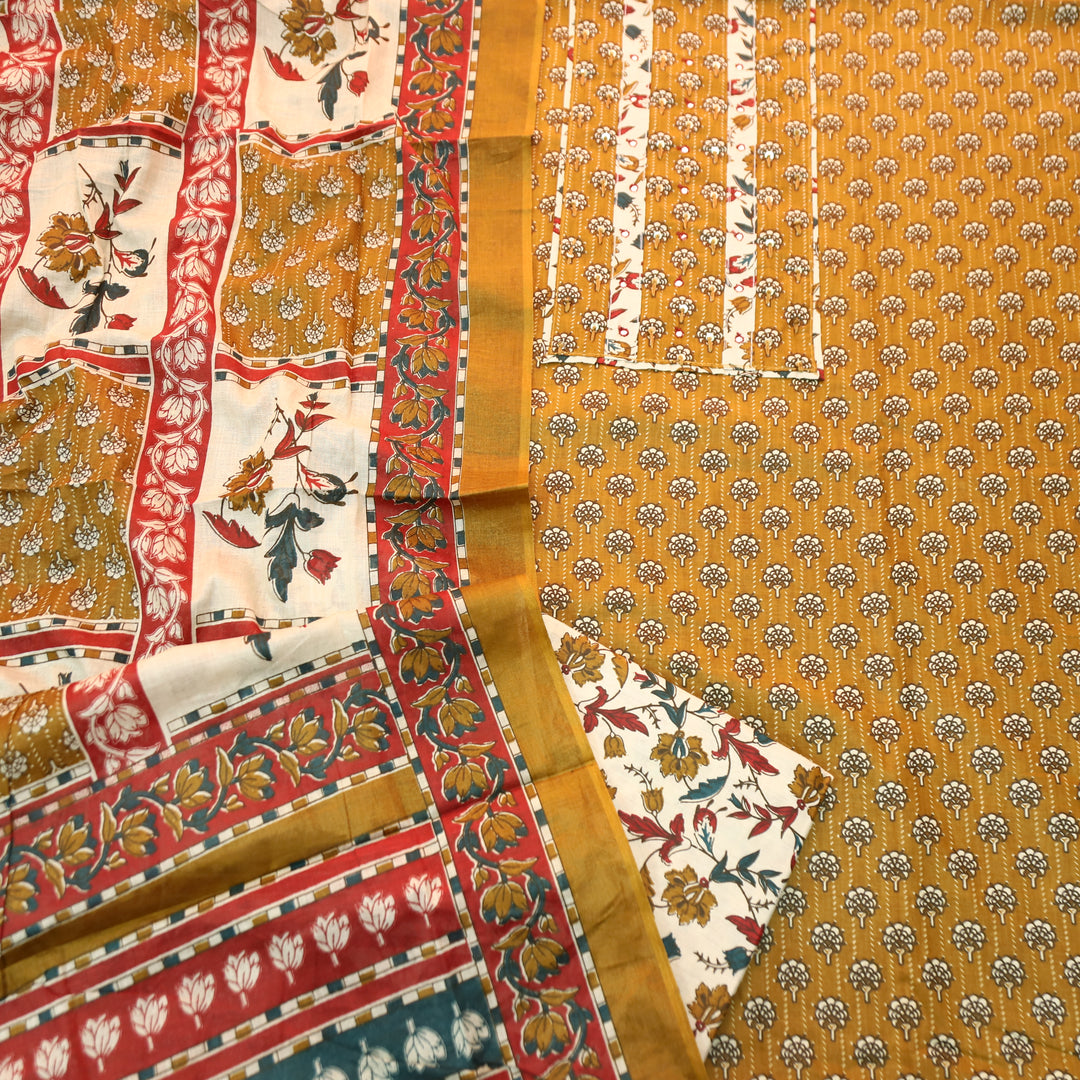 Kunjam Dandelion Yellow French Knot with Patra Yoke Ajrak Print Cotton Set
