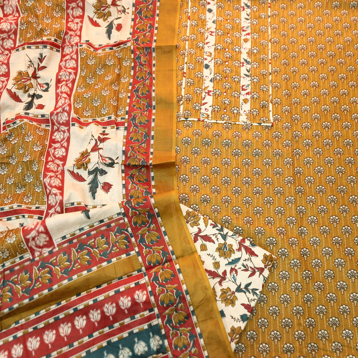 Kunjam Dandelion Yellow French Knot with Patra Yoke Ajrak Print Cotton Set