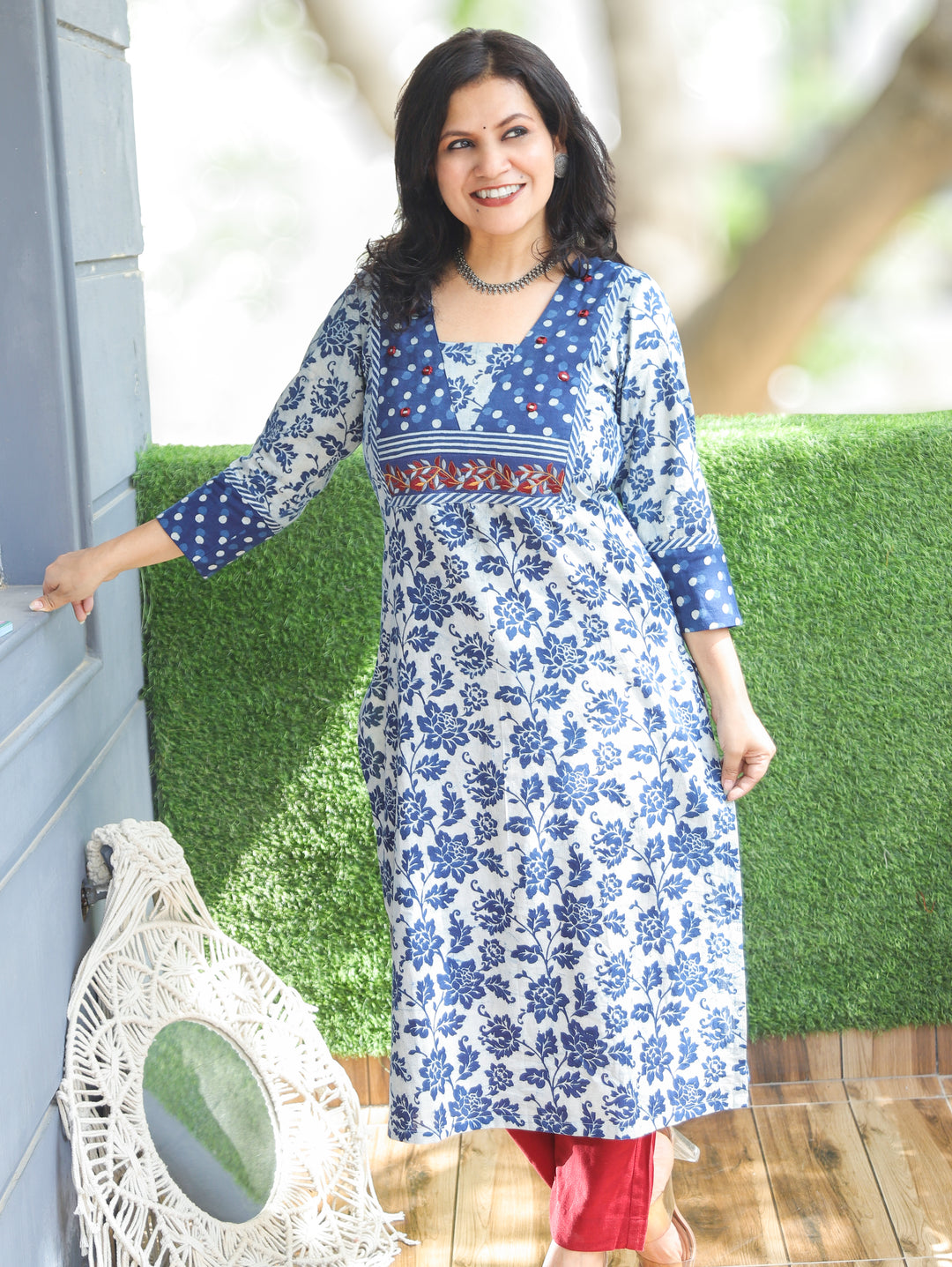 Mahi Iced Blue Embroidered Dabu Cotton Kurti