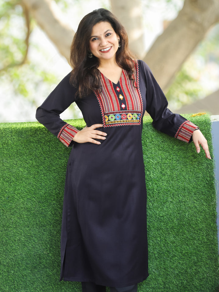 Vaishali Shadow Black Stripe Print with Embroidery and Mirror Yoke Winter Twill Kurti