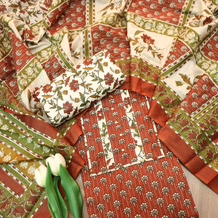 Kunjam Cherry Red French Knot with Patra Yoke Ajrak Print Cotton Set