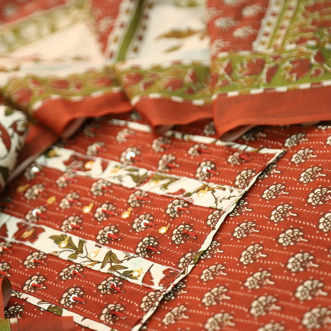 Kunjam Cherry Red French Knot with Patra Yoke Ajrak Print Cotton Set