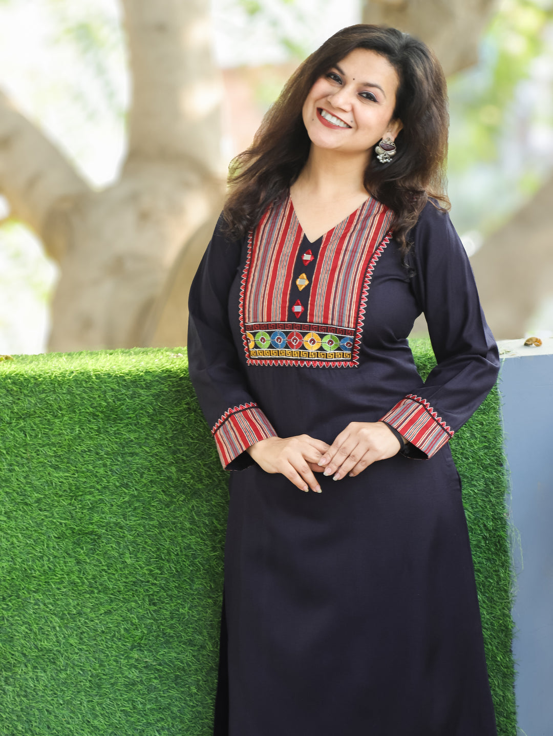 Vaishali Shadow Black Stripe Print with Embroidery and Mirror Yoke Winter Twill Kurti