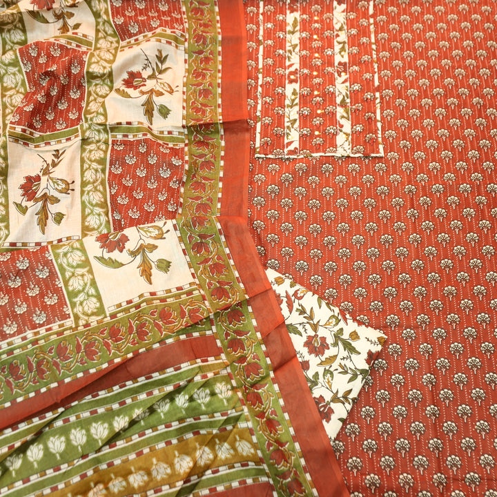 Kunjam Cherry Red French Knot with Patra Yoke Ajrak Print Cotton Set