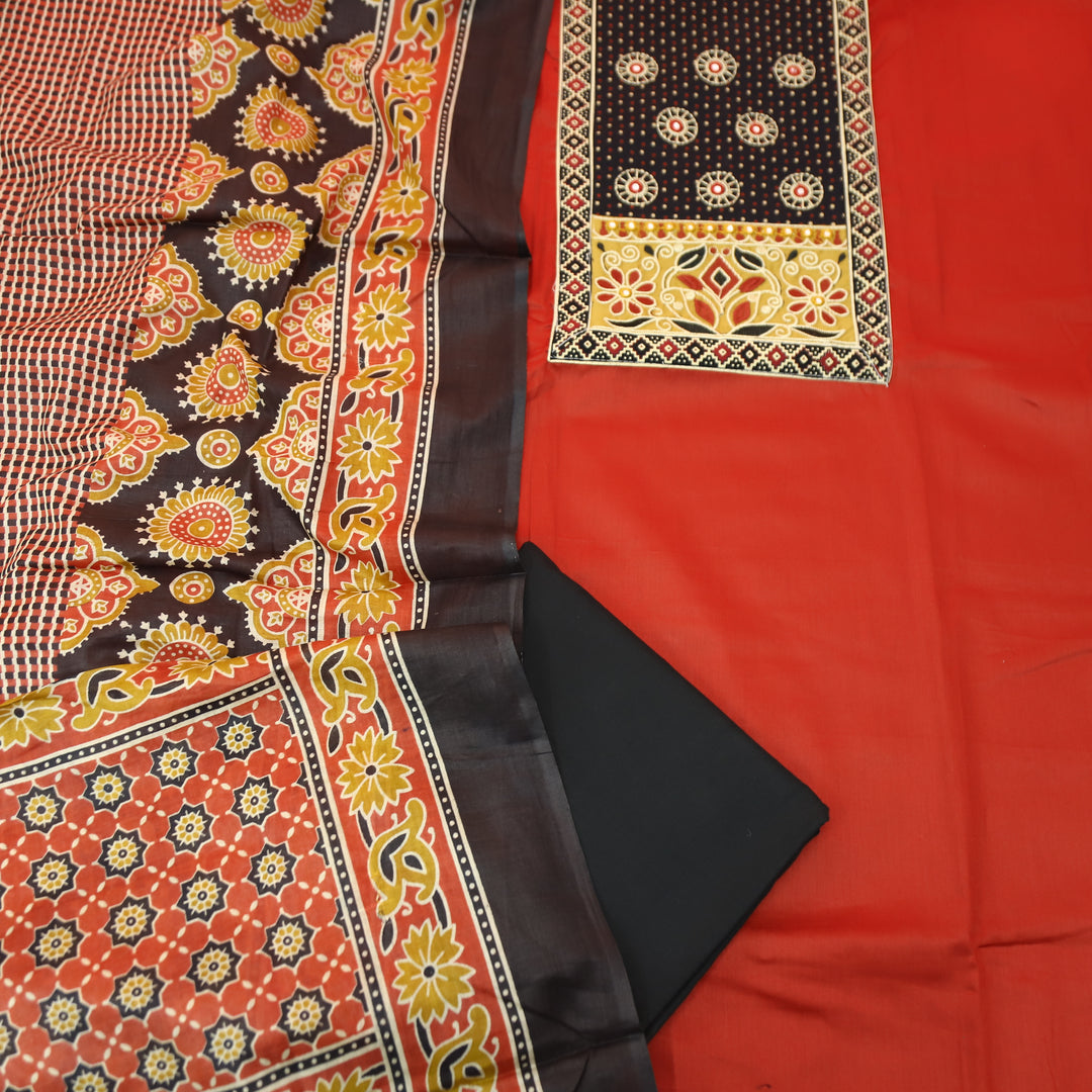 Sohni Red with Black Kutch Embroidered with Patra Work Jam Cotton Set