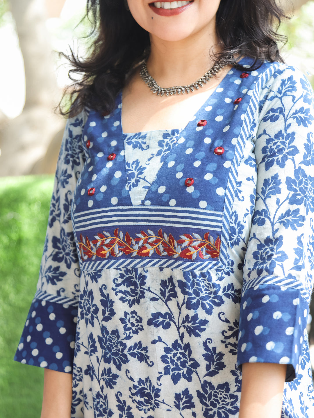 Mahi Iced Blue Embroidered Dabu Cotton Kurti