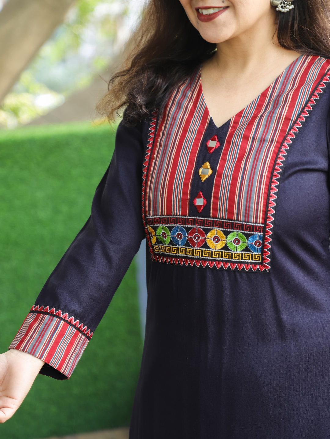 Vaishali Shadow Black Stripe Print with Embroidery and Mirror Yoke Winter Twill Kurti