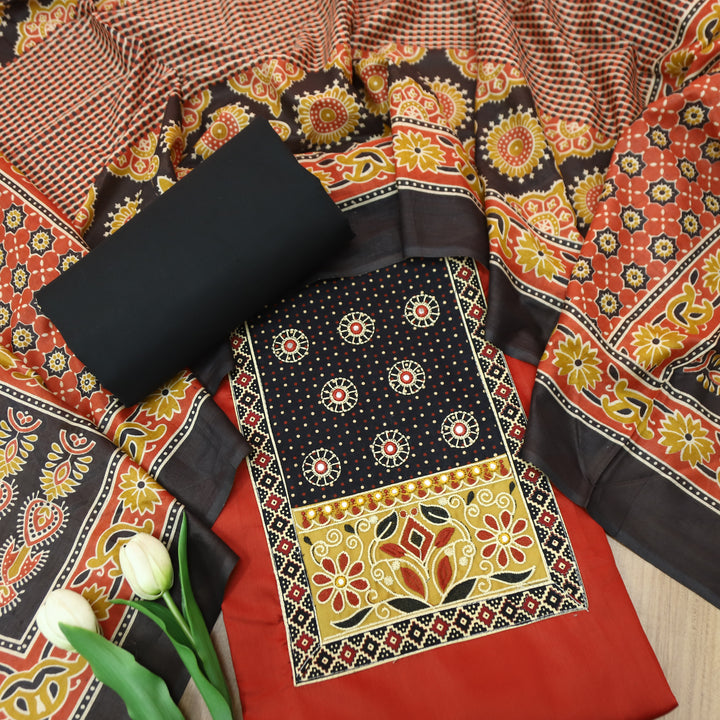 Sohni Red with Black Kutch Embroidered with Patra Work Jam Cotton Set