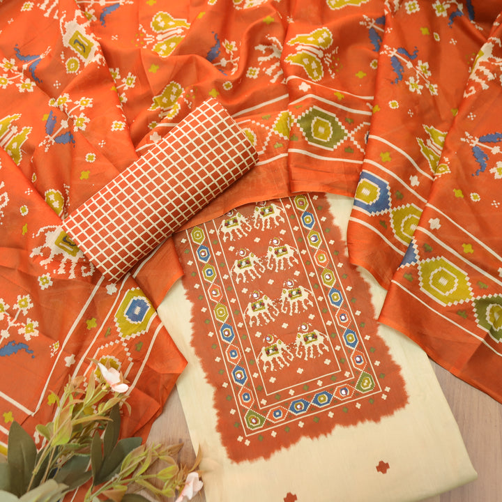 Amelia Beige with Rust Gajj Print Patra Work Yoke Cotton Set