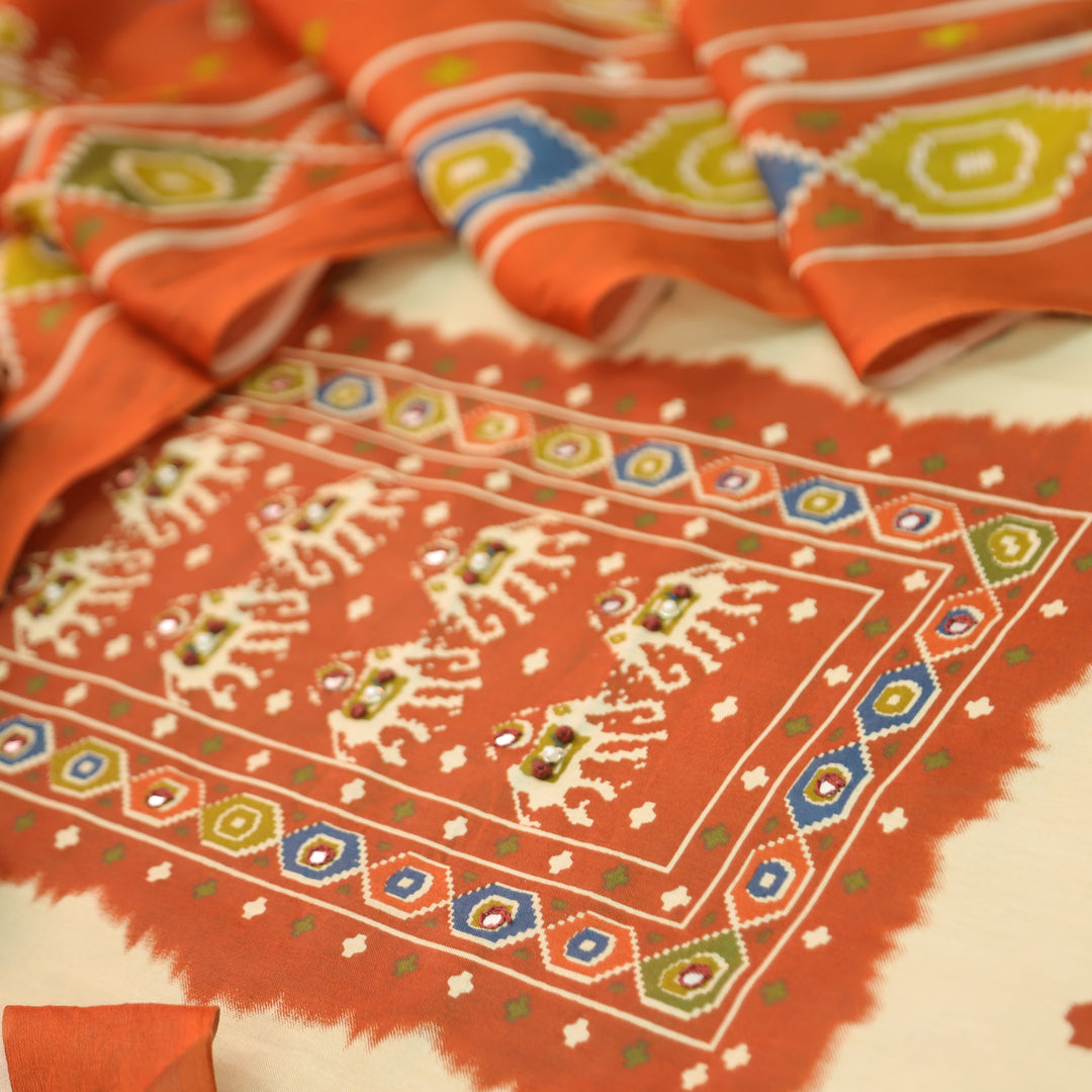 Amelia Beige with Rust Gajj Print Patra Work Yoke Cotton Set