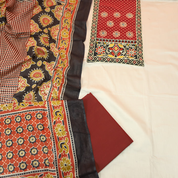 Sohni Tan Chrome with Red Kutch Embroidered with Patra Work Jam Cotton Set