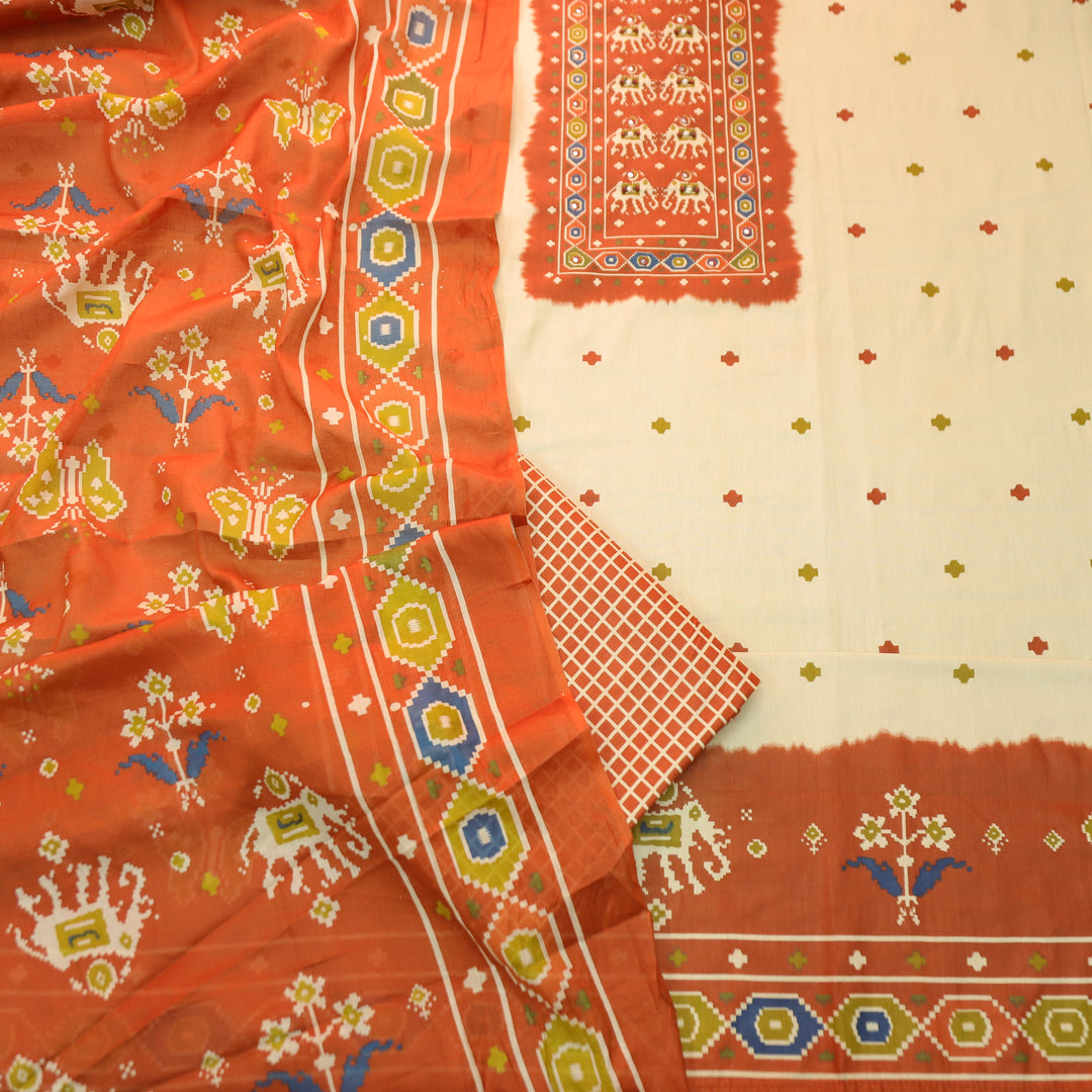 Amelia Beige with Rust Gajj Print Patra Work Yoke Cotton Set