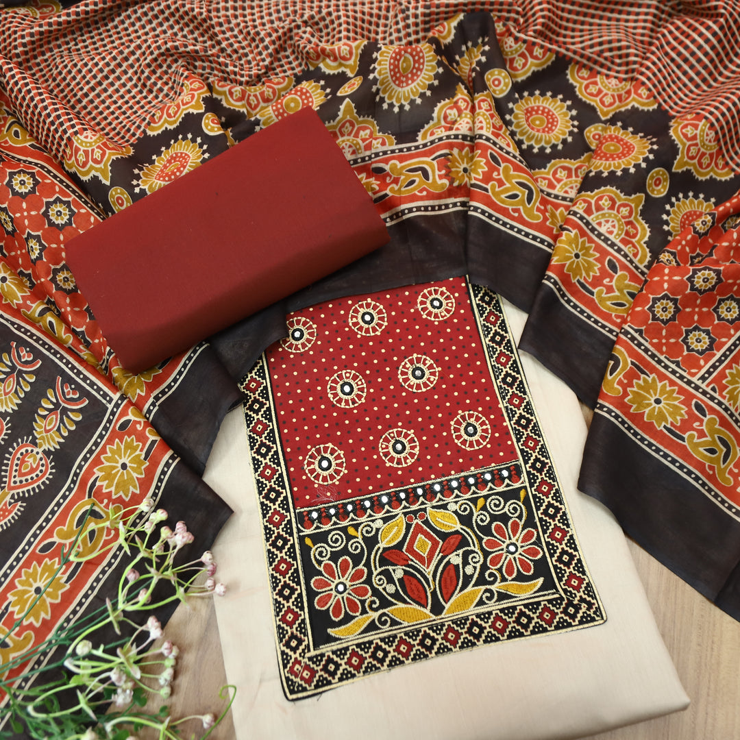 Sohni Tan Chrome with Red Kutch Embroidered with Patra Work Jam Cotton Set