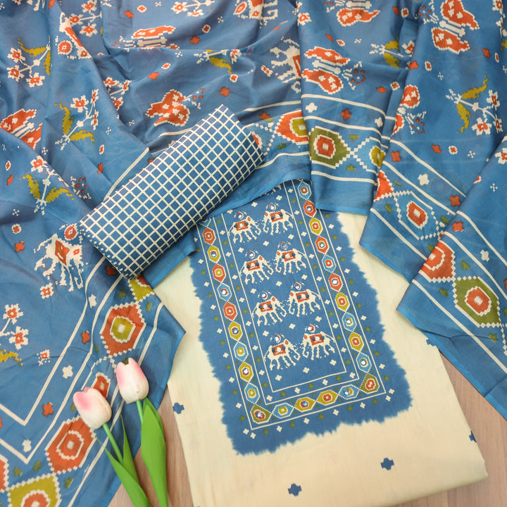 Amelia Beige with Blue Gajj Print Patra Work Yoke Cotton Set