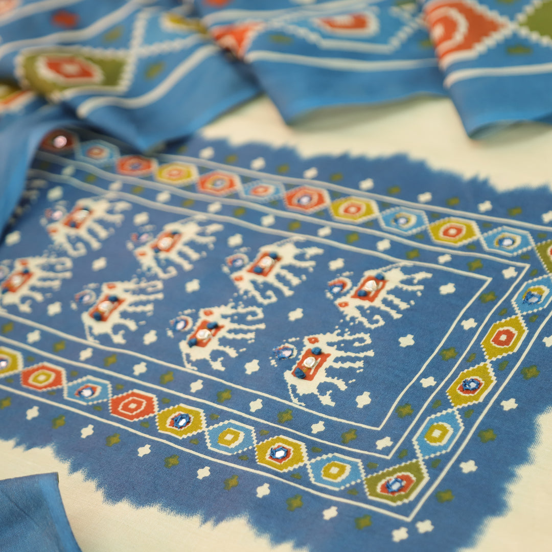 Amelia Beige with Blue Gajj Print Patra Work Yoke Cotton Set